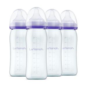imageLansinoh AntiColic Glass Baby Bottles for Breastfeeding Babies 8 Ounces 4 Count Bottles for Feeding Baby Essentials Includes 4 Medium Flow Nipples Size M